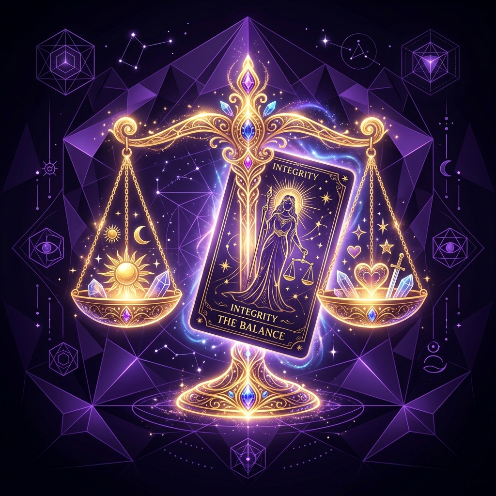 Ilustración esotérica profesional sobre: la ética profesional en el tarot moderno. Guía visual para tarotistas y videntes profesionales.