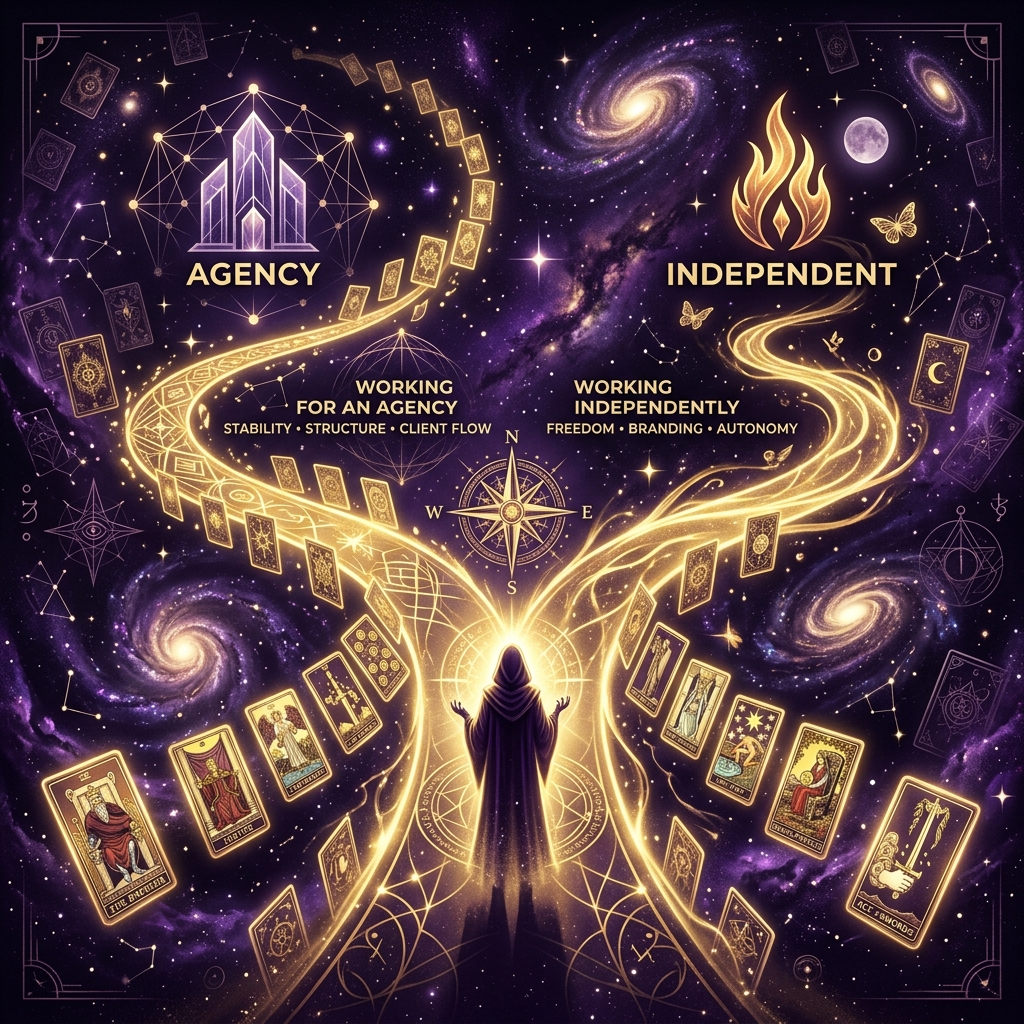 Ilustración esotérica profesional sobre: gabinete de tarot vs. autónomo: ¿cuál es la mejor opción para ti?. Guía visual para tarotistas y videntes profesionales.