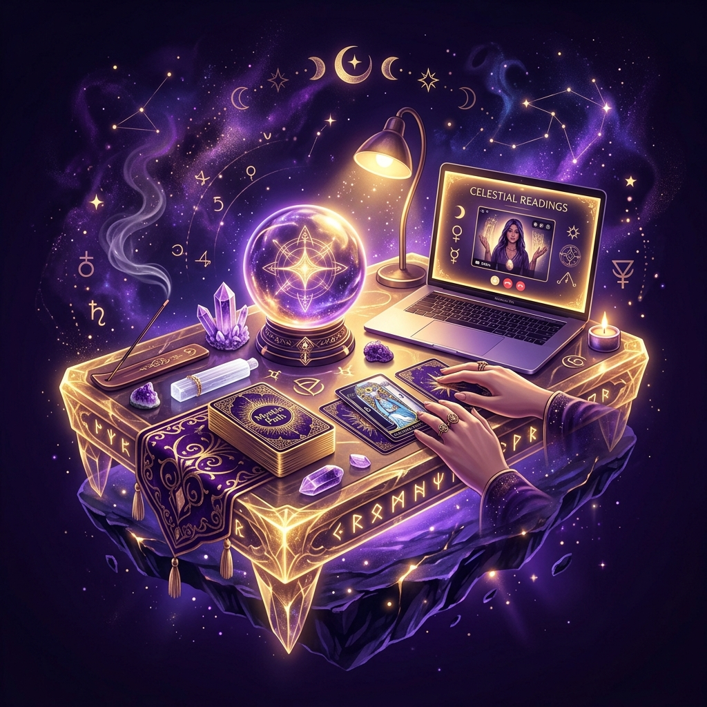 Ilustración esotérica profesional sobre: cómo preparar tu espacio de trabajo para lecturas telefónicas y online. Guía visual para tarotistas y videntes profesionales.