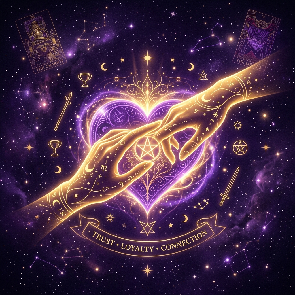 Ilustración esotérica profesional sobre: el secreto para fidelizar clientes en consultas de tarot online. Guía visual para tarotistas y videntes profesionales.