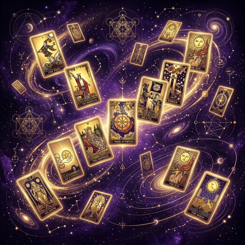 Ilustración esotérica profesional sobre: las barajas de tarot más demandadas en gabinetes profesionales. Guía visual para tarotistas y videntes profesionales.