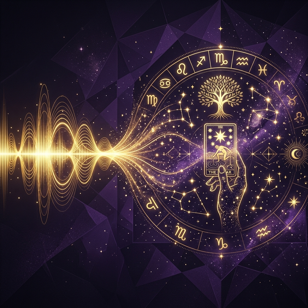Ilustración esotérica profesional sobre: la importancia de la dicción y la voz en el tarot telefónico. Guía visual para tarotistas y videntes profesionales.