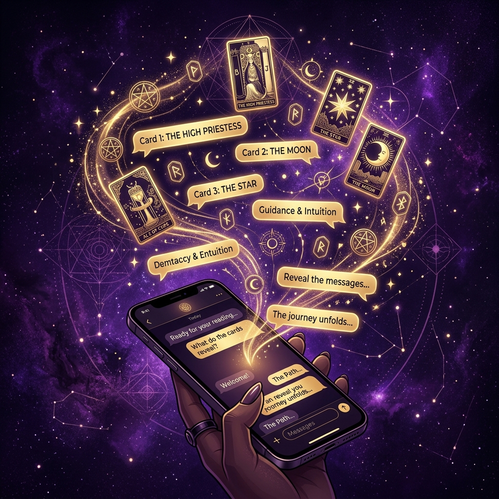 Ilustración esotérica profesional sobre: las combinaciones de cartas más complejas de explicar por chat. Guía visual para tarotistas y videntes profesionales.