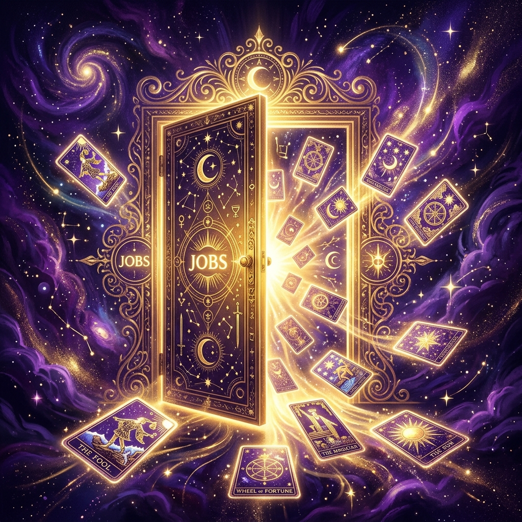 Ilustración esotérica profesional sobre: las ventajas de aplicar a tarot trabajo: estabilidad y crecimiento. Guía visual para tarotistas y videntes profesionales.